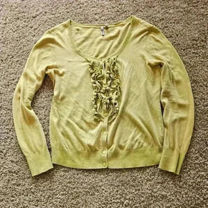 Caslon 100% Cotton Brat Green Lacey Ruffle Front Cardigan, Size Medium